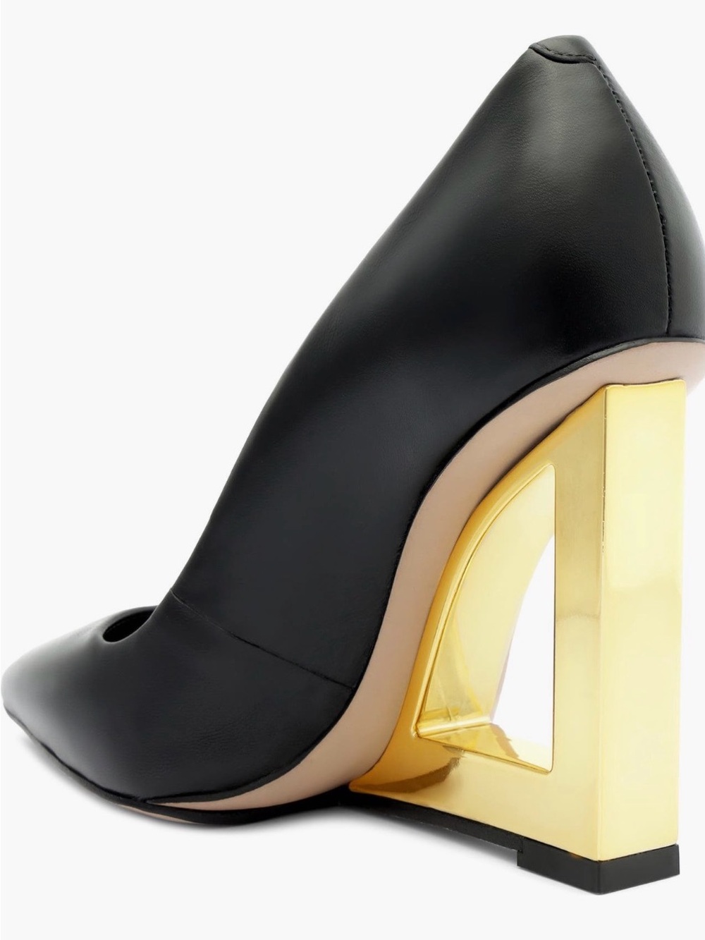 SCHUTZ Black Leather Pointed-Toe Pumps with Gold Geometric Heel - Picture 3 of 9